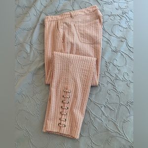 Raspberry and white pinstripe pants. Lace up detail to lower leg.